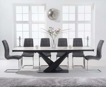Extending jacob 180cm white ceramic dining table with 8 grey vigo chairs