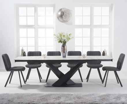 Extending jacob 180cm white ceramic dining table with 8 grey hendrick chairs