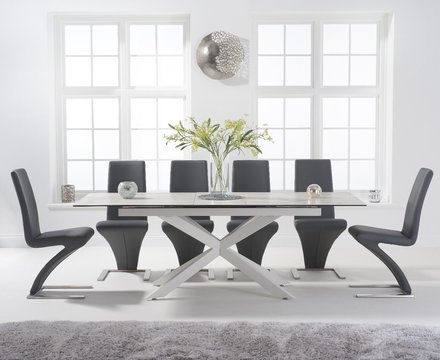 Extending boston 180cm white leg ceramic dining table with 6 grey aldo chairs