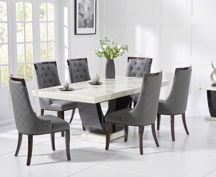 Novara 170cm white and black pedestal marble dining table with 4 grey francesca chairs