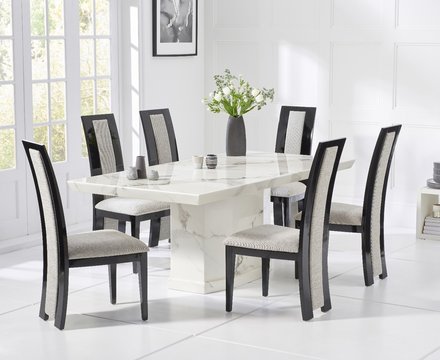 Carvelle 200cm white pedestal marble dining table with 12 black novara chairs
