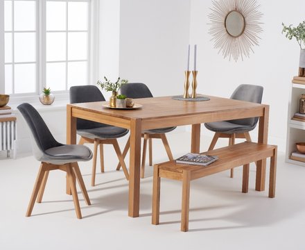 York 150cm solid oak dining table with 4 grey orson chairs and 2 oak benches