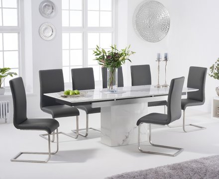 Extending savona 160cm white ceramic dining table with 6 grey austin chairs