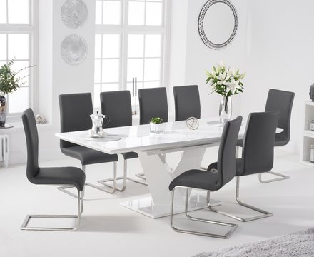 Extending vittorio 160cm white high gloss dining table with 6 grey austin chairs