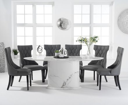 Colby 200cm oval white marble dining table with 6 grey sophia chairs