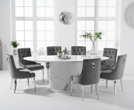 Colby 200cm oval white marble dining table with 6 grey sienna chairs