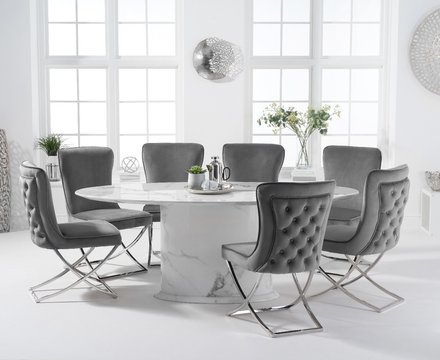 Colby 200cm oval white marble dining table with 6 grey lorenzo chairs