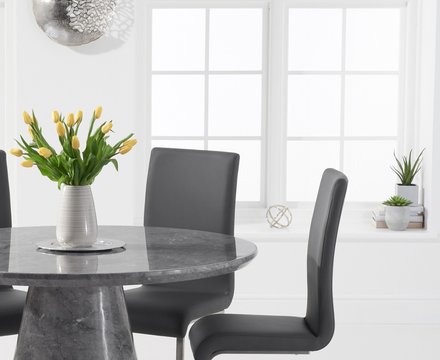 Ravello 130cm round grey marble dining table with 6 grey austin chairs