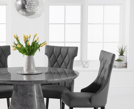 Ravello 130cm round grey marble dining table with 6 grey sophia chairs