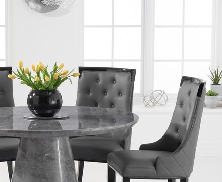 Ravello 130cm round grey marble dining table with 6 grey francesca chairs