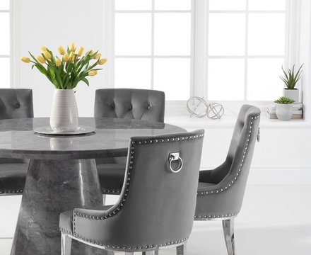Ravello 130cm round grey marble dining table with 4 grey sienna chairs