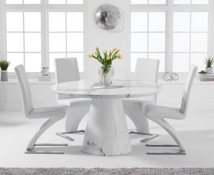 Ravello 130cm round white marble dining table with 4 white aldo chairs