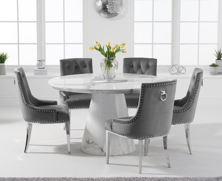 Ravello 130cm round white marble dining table with 6 grey sienna chairs
