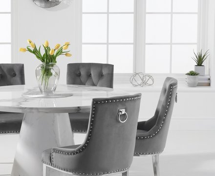 Ravello 130cm round white marble dining table with 4 grey sienna chairs