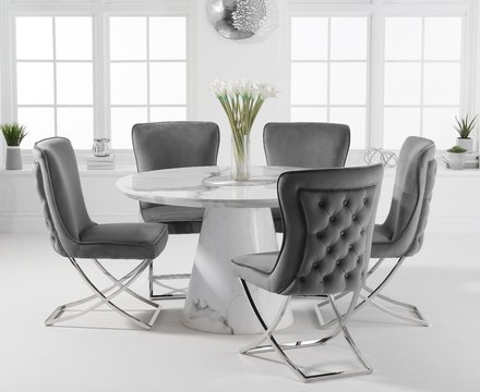 Ravello 130cm round white marble dining table with 6 grey lorenzo chairs