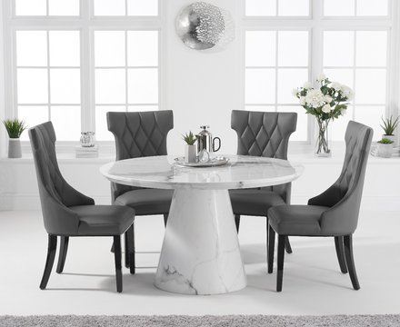 Ravello 130cm round white marble dining table with 4 grey sophia chairs