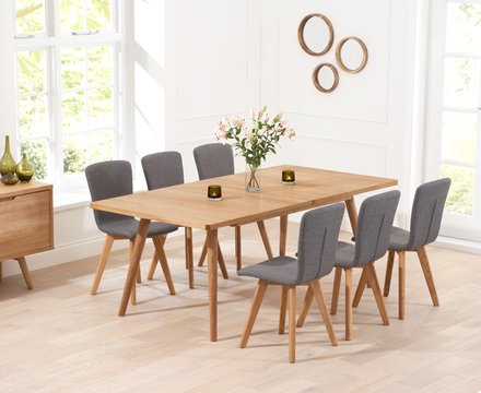 Extending ruben 150cm retro oak dining table and chairs with 10 grey ruben chairs