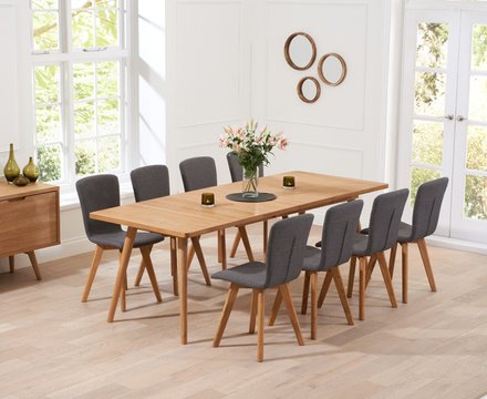 Extending ruben 200cm retro oak dining table and chairs with 8 grey ruben chairs