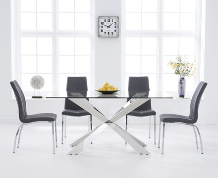 Canova 160cm glass dining table with 4 grey marco chairs