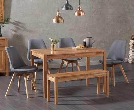 York 150cm solid oak dining table with 4 dark grey orson chairs and 2 oak benches