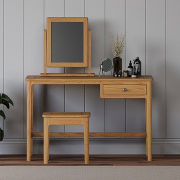 Solid oak dressing table set with stool & mirror