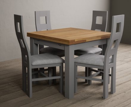 Extending buxton 90cm oak and light grey dining table with 4 light grey painted chairs