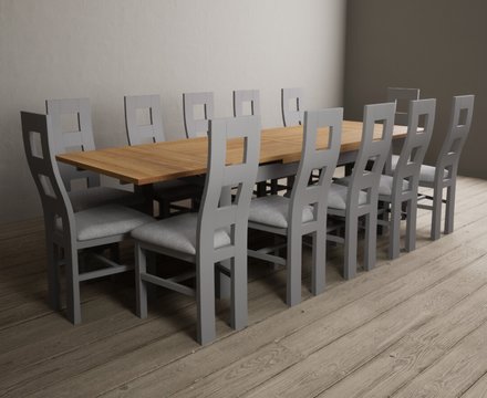 Extending buxton 180cm oak and light grey dining table with 12 light grey painted chairs