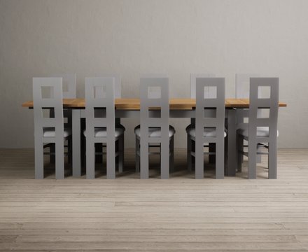 Extending buxton 180cm oak and light grey dining table with 10 light grey painted chairs