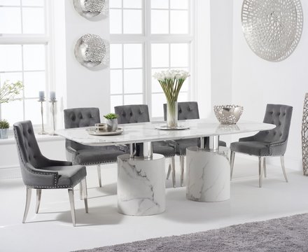 Antonio 220cm white marble table with 8 grey sienna chairs