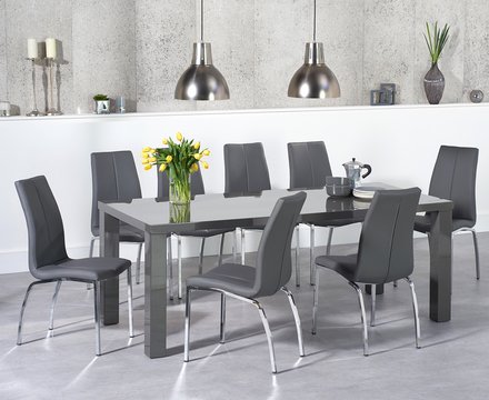 Seattle 200cm dark grey high gloss dining table with 8 grey marco chairs