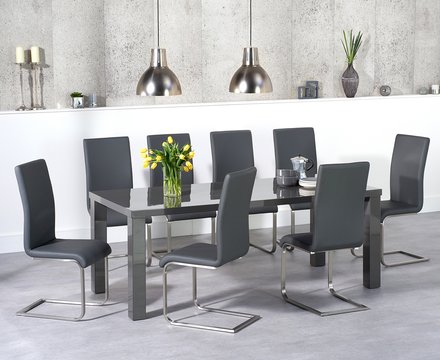 Seattle 200cm dark grey high gloss dining table with 8 black austin chairs