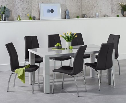 Seattle 160cm light grey gloss dining table with 6 black marco chairs