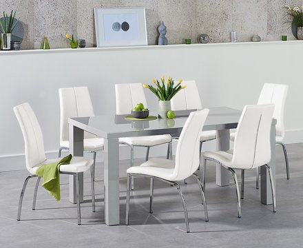Seattle 160cm light grey gloss dining table with 4 white marco chairs