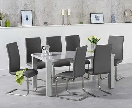 Seattle 160cm light grey high gloss dining table with 6 black austin chairs