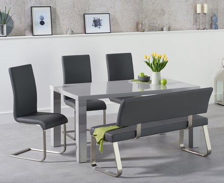 Seattle 160cm light grey high gloss dining table with 2 grey austin chairs and 2 grey benches