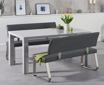 Seattle 160cm light grey high gloss dining table and 2 grey benches