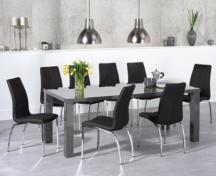 Seattle 200cm dark grey high gloss dining table with 8 black marco chairs