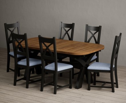 Extending olympia 180cm oak and black painted dining table with 6 blue painted chairs