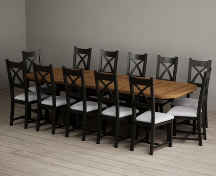 Extending olympia 180cm oak and black painted dining table with 12 light grey painted chairs