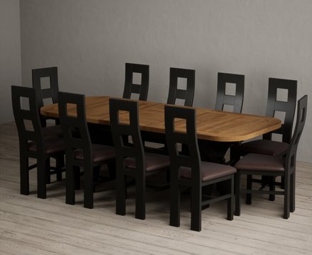 Extending olympia 180cm oak and black painted dining table with 10 brown painted chairs
