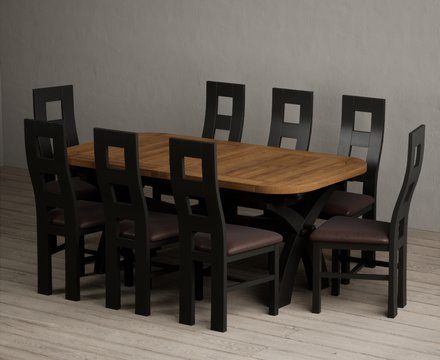 Extending olympia 180cm oak and black painted dining table with 8 brown painted chairs