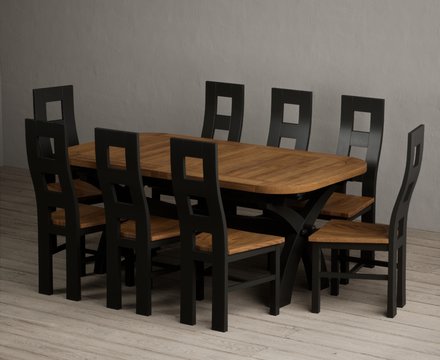 Extending olympia 180cm oak and black painted dining table with 8 rustic oak painted chairs