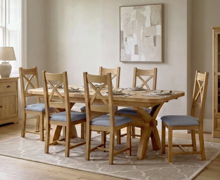 Extending olympia 180cm solid oak dining table with 6 blue natural solid oak chairs