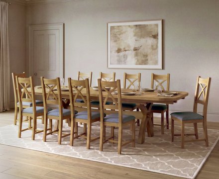 Extending olympia 180cm solid oak dining table with 10 blue natural solid oak chairs