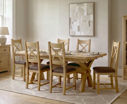 Extending olympia 180cm solid oak dining table with 6 brown natural solid oak chairs