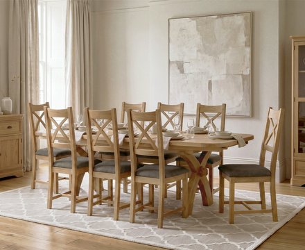 Extending olympia 180cm solid oak dining table with 8 charcoal grey natural solid oak chairs