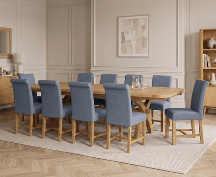 Extending olympia 180cm solid oak dining table with 10 blue braced chairs