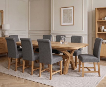 Extending olympia 180cm solid oak dining table with 8 charcoal grey braced chairs
