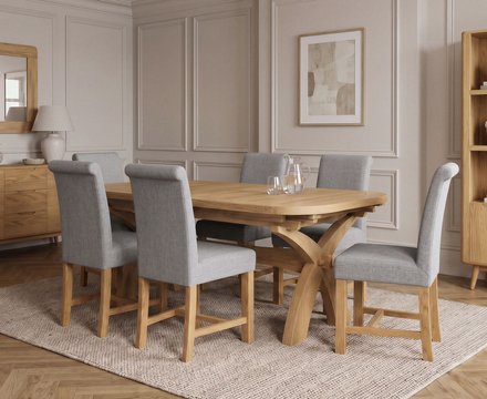 Extending olympia 180cm solid oak dining table with 6 grey braced chairs