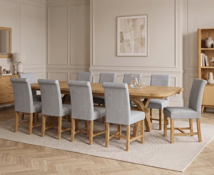 Extending olympia 180cm solid oak dining table with 10 grey braced chairs